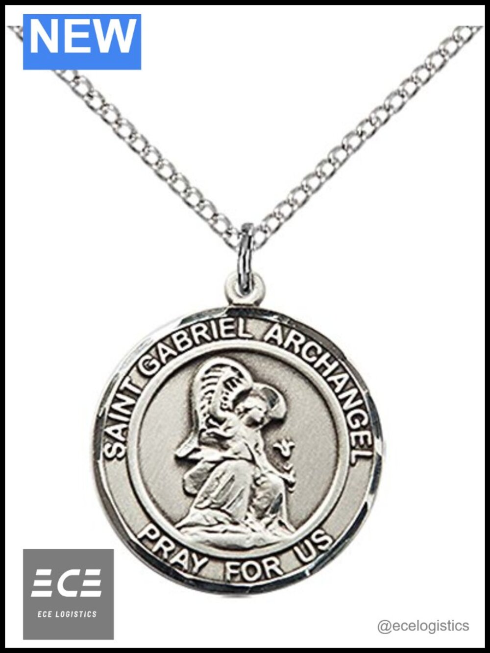 Sterling Silver St. Gabriel Archangel Pendant 18" Stainless Steel Chain
